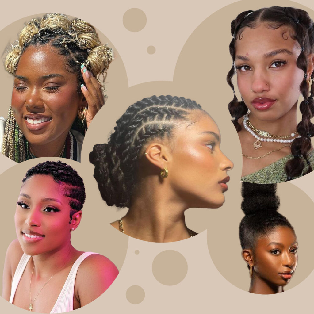 5 prom hairstyles for natural hair, braids, bun, pixie haircut, bubble braids, and bantu knots