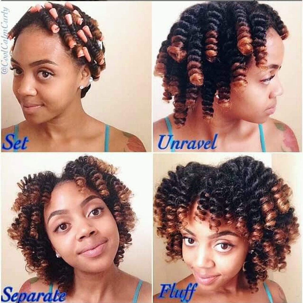 Perm rod set on natural hair with middle part