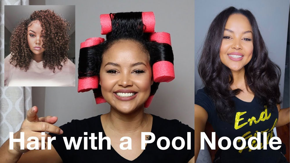 type 3c curly haired woman using pool noodles as curlers to stretch and curl hair