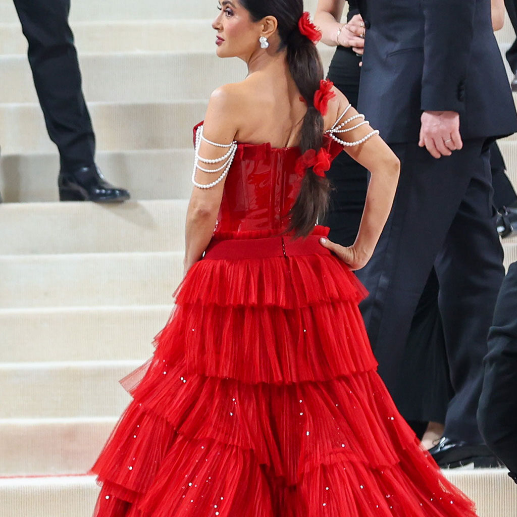 Salma Hayek's bubble ponytail hairstyle at the Met Gala 2023